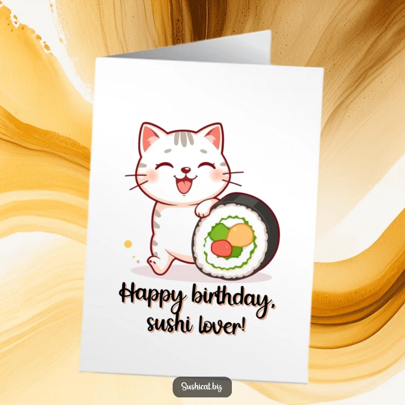 Funny Free Printable Birthday Card: Happy cat with sushi patterns chases a rolling sushi roll, celebrating a birthday with playful energy.