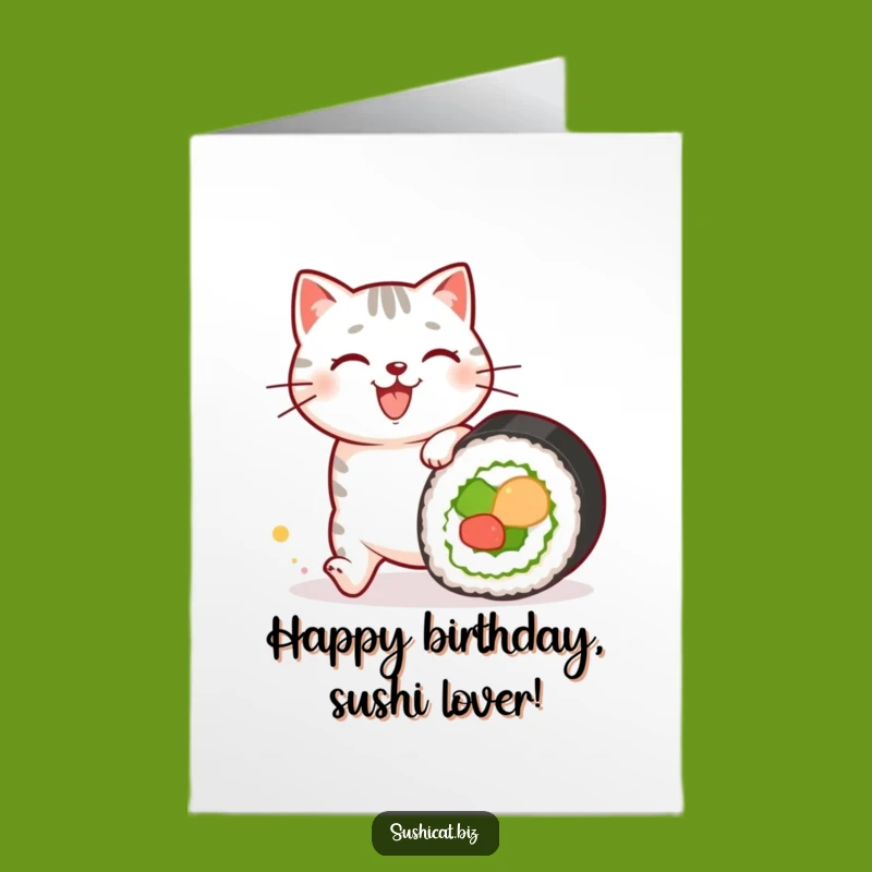 Free Printable Birthday Card: Sushi Cat Chase - Funny Downloadable Gift for Foodies
