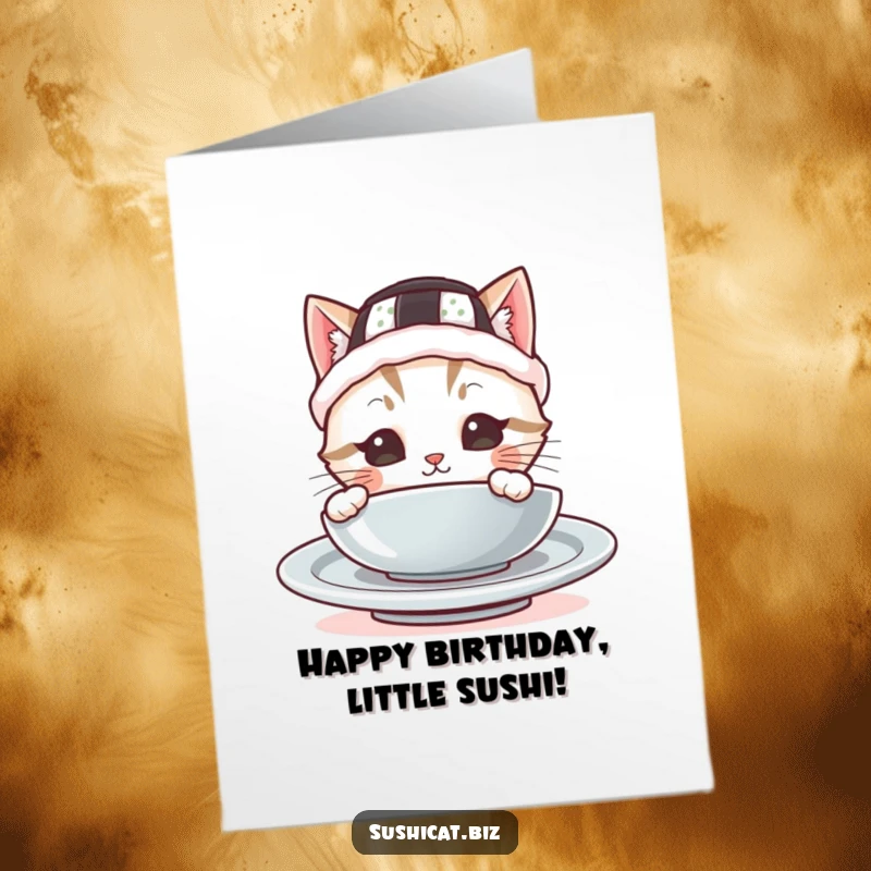 Funny Free Printable Birthday Card: Cute cat in a tiny sushi hat peeks from behind a plate, wishing a happy birthday sweetly.