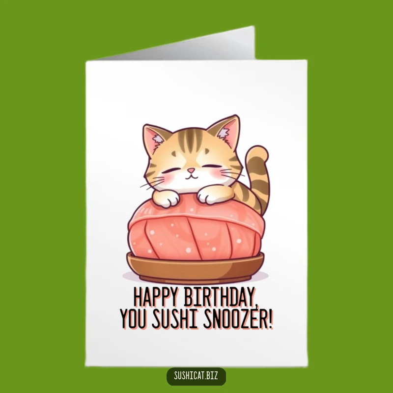 Funny Free Printable Cat Birthday Card - Relaxed Cat on Sashimi Downloadable Greeting