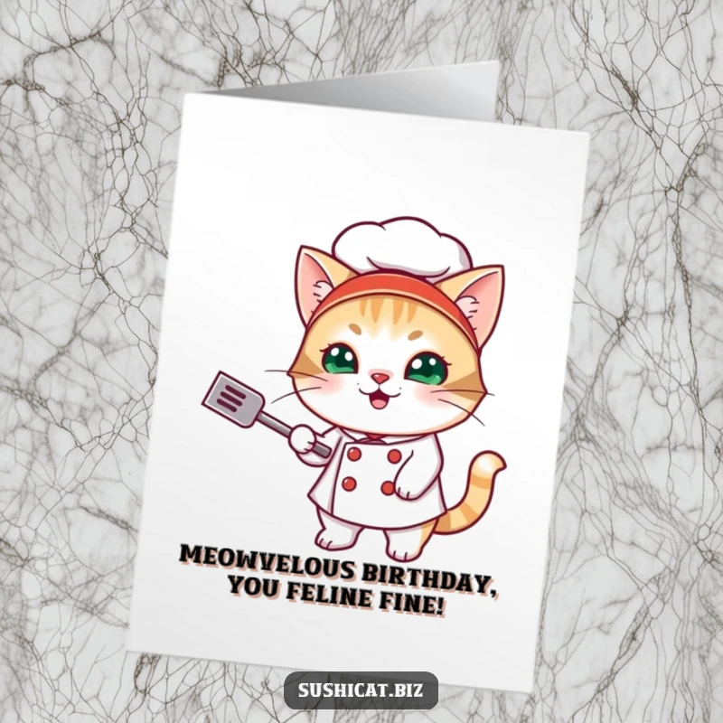 Funny Free Printable Birthday Card: Mischievous cat in sushi chef hat flips tiny spatula, ready to cook up a laugh.