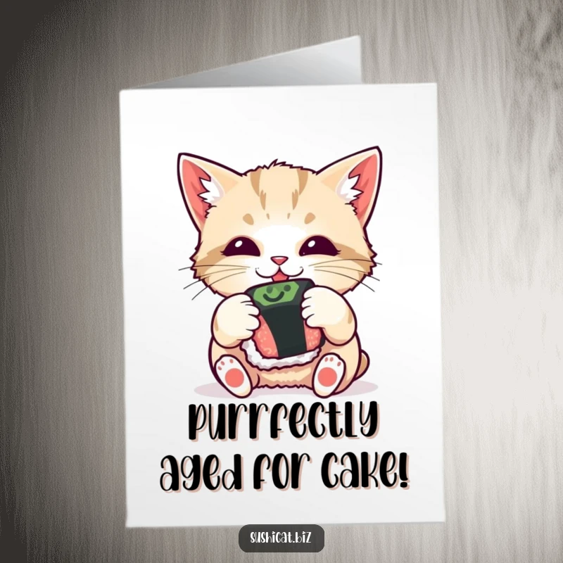Funny free printable birthday card: curious cat playfully batting at a sushi roll in its paws, eyes wide with mischief.