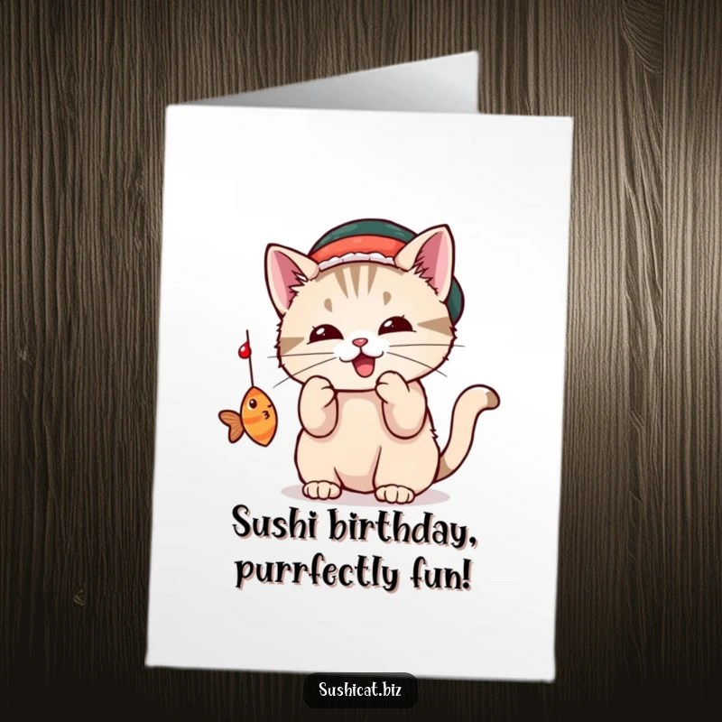 Funny Free Printable Birthday Card: Cat in Sushi Hat Bats at Fish, Adorable DIY Gift