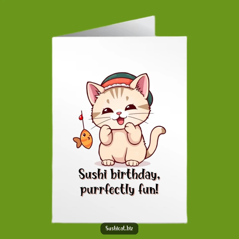 Free Printable Birthday Card: Cat in Sushi Hat Funny Downloadable Gift