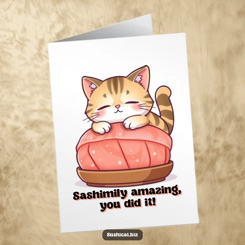 Funny Free Printable Congratulations Card: Content cat lounging on sashimi, celebrating your success with ultimate relaxation.