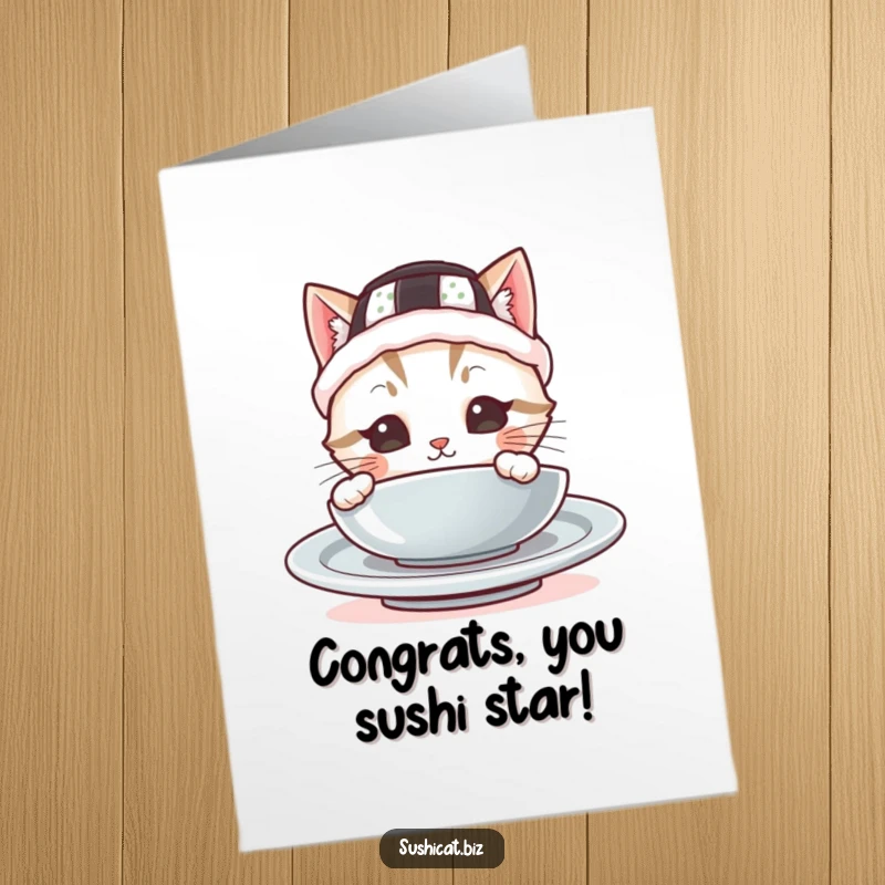 Funny Free Printable Congrats Card: A cute cat wearing a sushi hat peeks from behind a plate, offering a delightful congratulations.