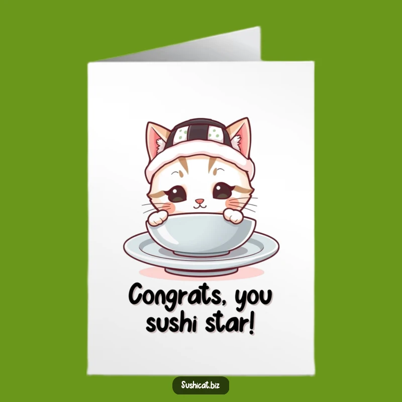 Free Printable Congrats Card: Sushi Hat Cat Surprise - Humorous Downloadable Celebration