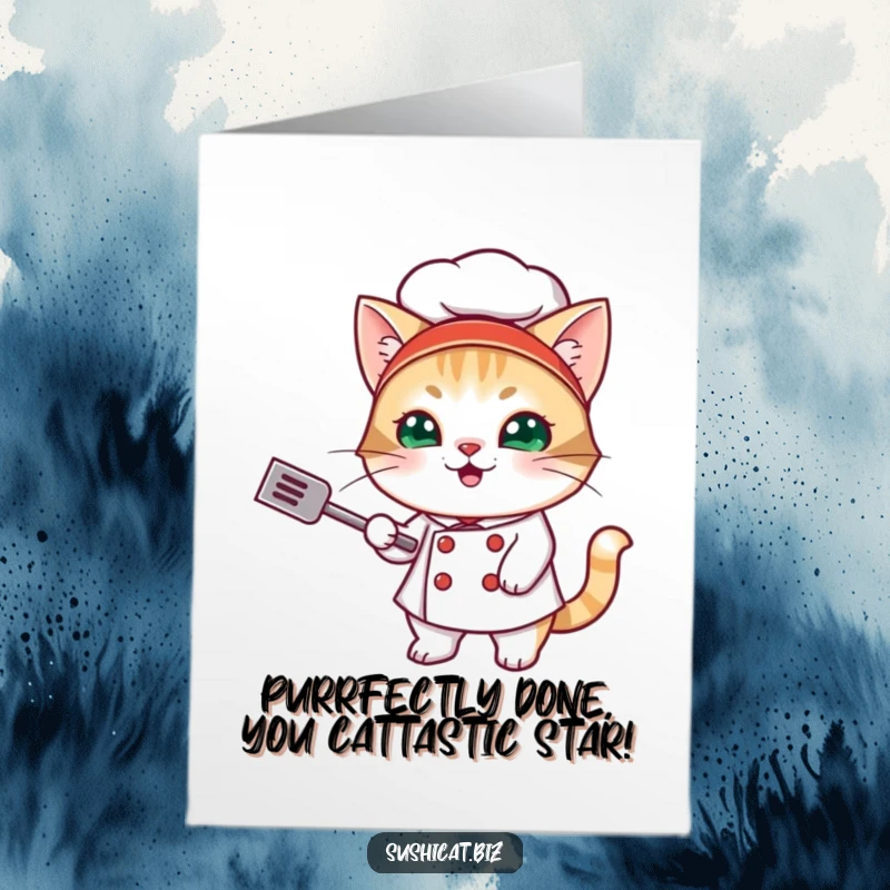 Funny Free Printable Congratulations Card: Mischievous cat sushi chef with spatula, celebrating your big win with a whisk.