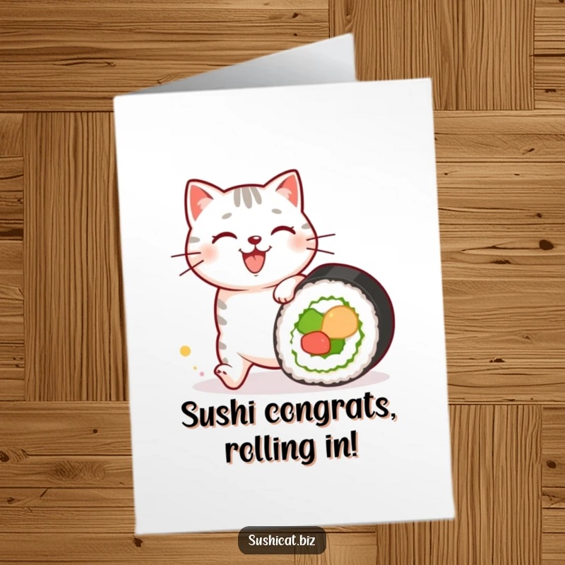 Funny Free Printable Congrats Card: A happy cat with sushi patterns on its fur chases a rolling sushi roll, celebrating victory.