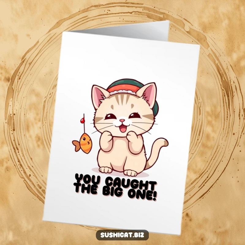 Funny Free Printable Congratulations Card: Cat Wearing Sushi Hat Bats at Fish, Cute Gift