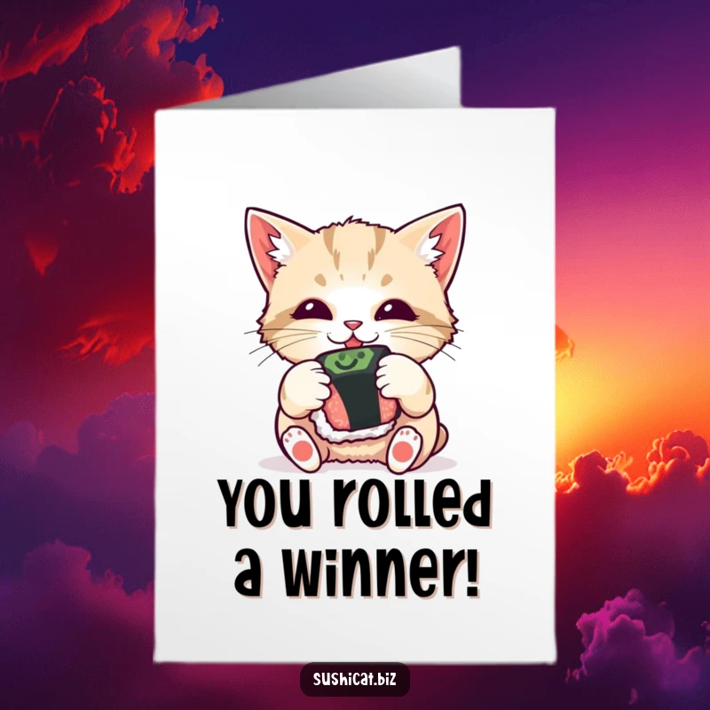 Funny free printable congratulations card: a curious cat playfully batting at a sushi roll, celebrating an achievement.