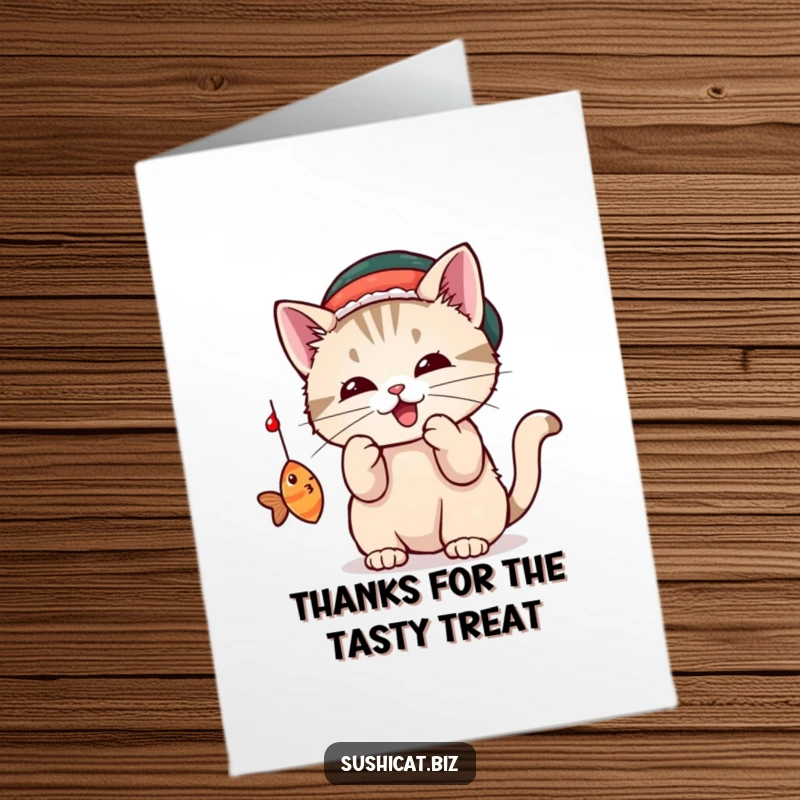 Funny Free Printable Thank You Card: Cat in Sushi Hat Bats at Dangling Fish, DIY Gift