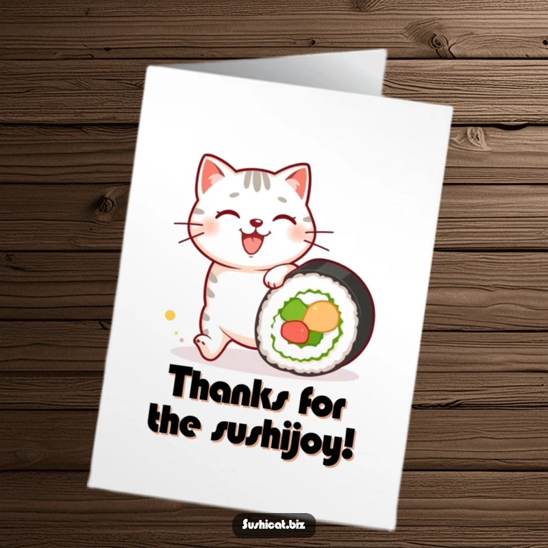 Funny Free Printable Thank You Card: Happy cat with sushi patterns chases a rolling sushi roll, a fun and energetic thank you.
