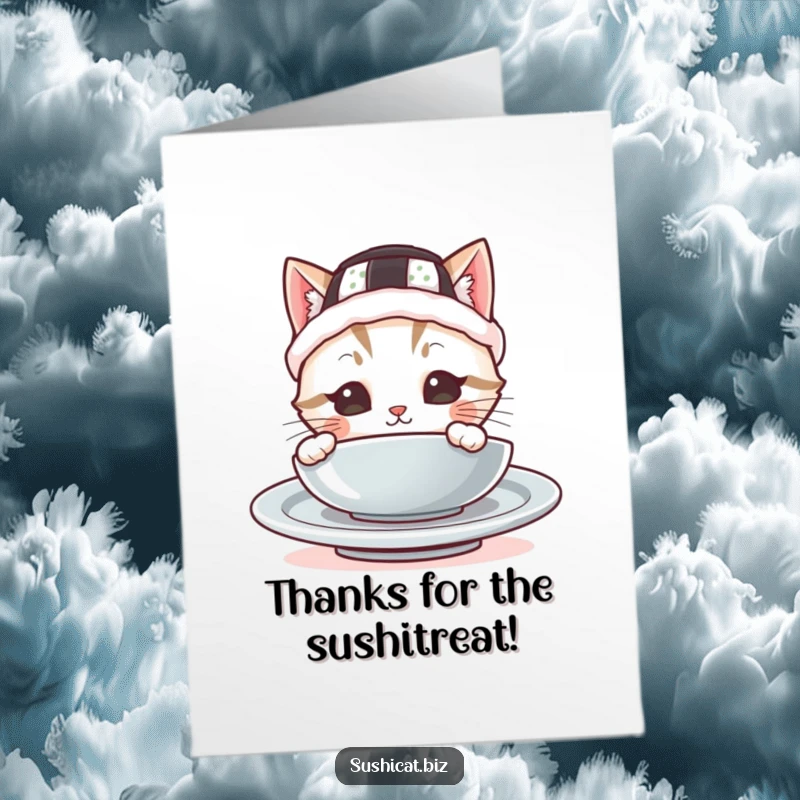 Funny Free Printable Thank You Card: Cute cat in a tiny sushi hat peeks out from behind a plate, offering a heartwarming thank you.