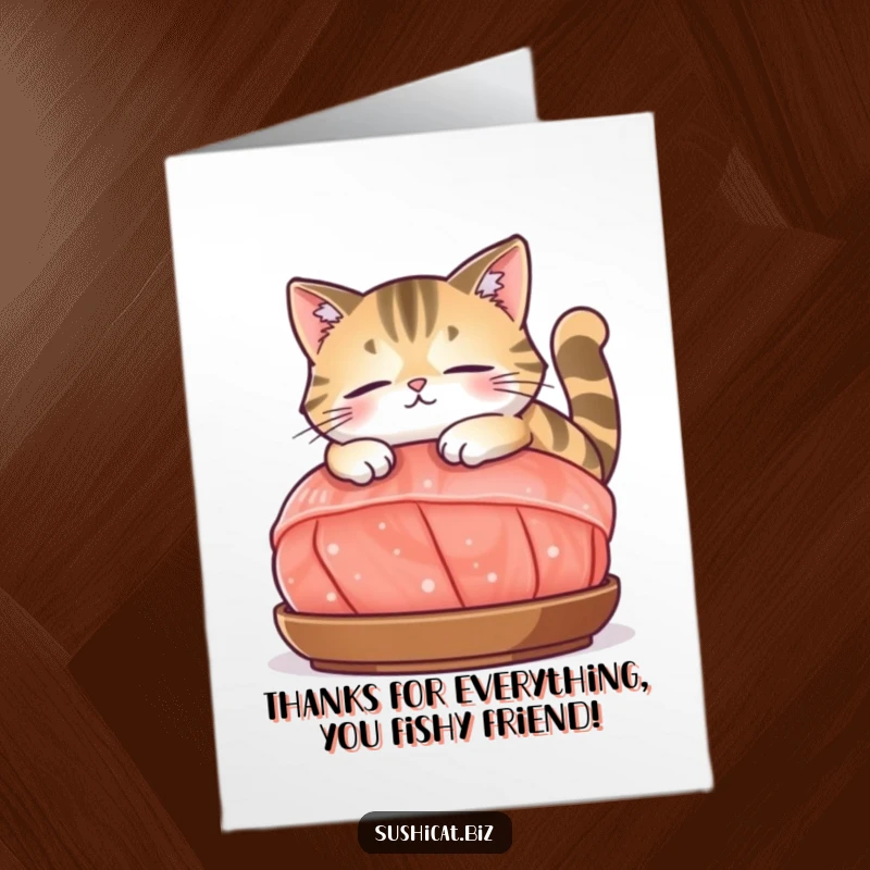 Funny Free Printable Thank You Card: Content cat lounging on a large sashimi piece, sending thanks with a serene gaze.