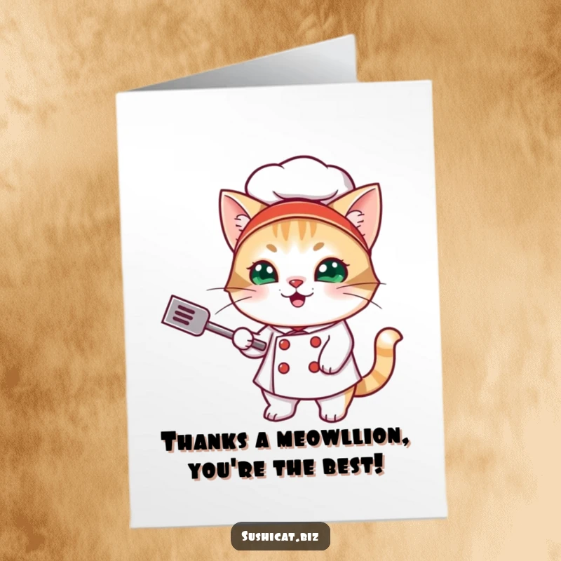 Funny Free Printable Thank You Card: Mischievous cat sushi chef with spatula, offering thanks with a playful flip.
