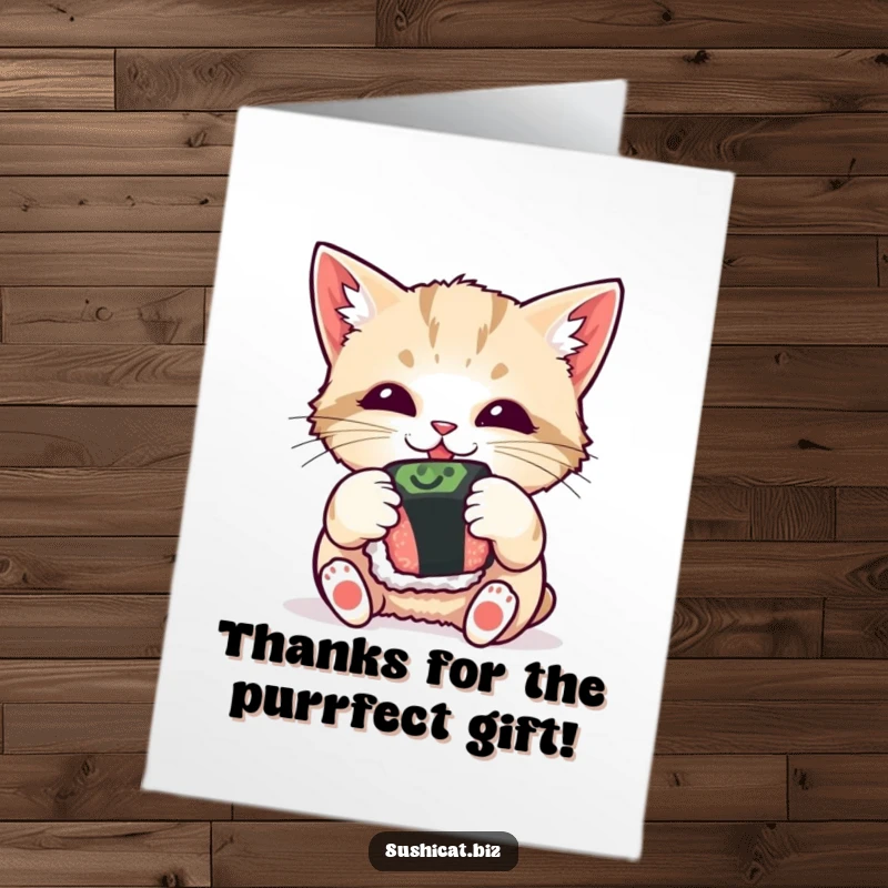 Funny free printable thank you card: a curious cat with a sushi roll, expressing thanks with a playful wiggle.