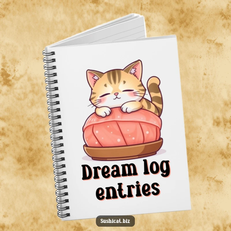 Funny notebook featuring a content cat lounging on a large piece of sashimi, ideal for jotting down relaxed thoughts.