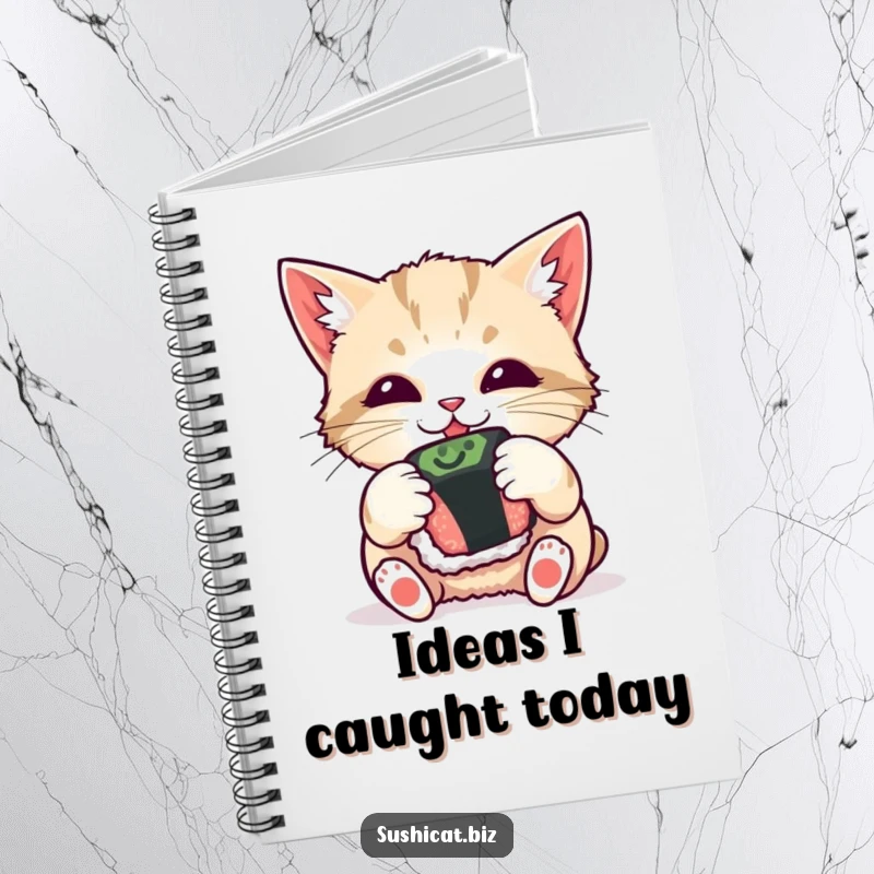 Funny notebook, curious cat batting a sushi roll, playful design for journaling and note-taking, humorous stationery.