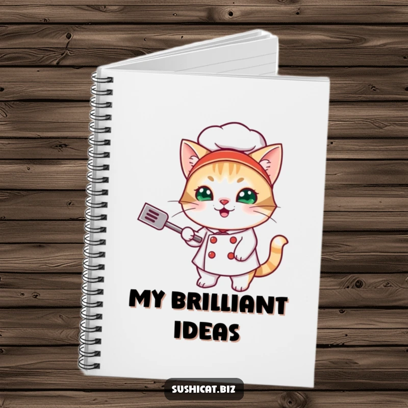 Funny notebook with a mischievous cat dressed as a sushi chef, enthusiastically flipping a tiny spatula, perfect for creative minds.