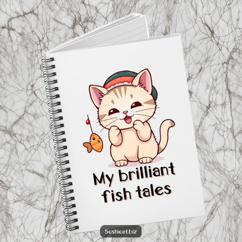 A playful cat wearing a tiny sushi hat bats at a dangling fish on the cover of this notebook.
