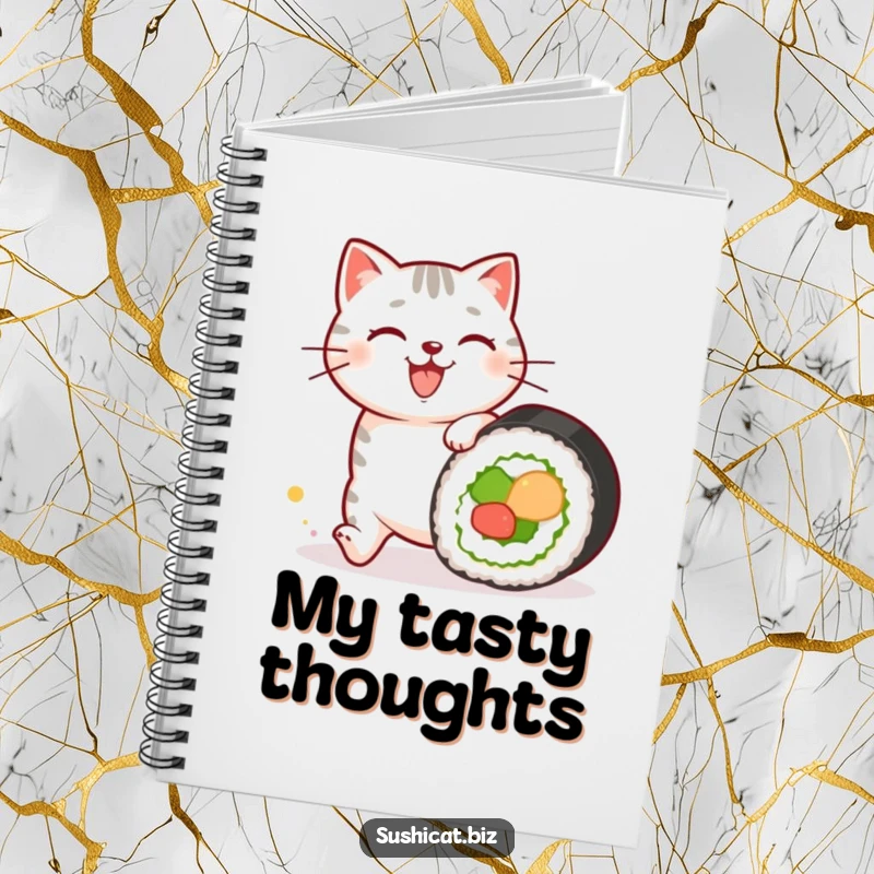 Funny notebook featuring a happy cat with sushi patterns on its fur chasing a rolling sushi roll, ideal for capturing thoughts with cute and humorous flair.