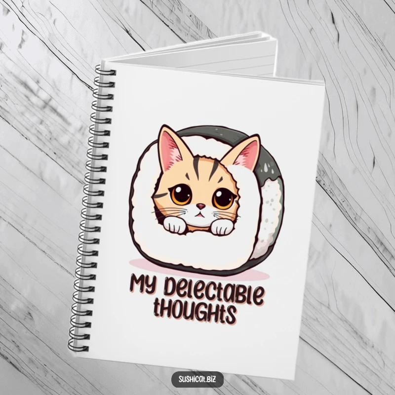 A curious cat with wide eyes peeks from a giant sushi roll on the cover of this notebook.