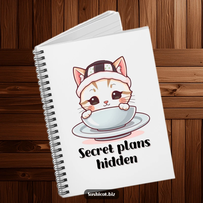 Funny notebook featuring a cute cat in a sushi hat peeking from behind a plate, ideal for capturing thoughts with cute and humorous flair.