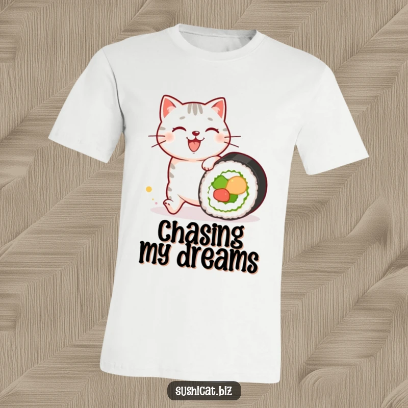 Funny t-shirt depicting a happy cat with sushi patterns on its fur enthusiastically chasing a rolling sushi roll, embodying playful hunger.