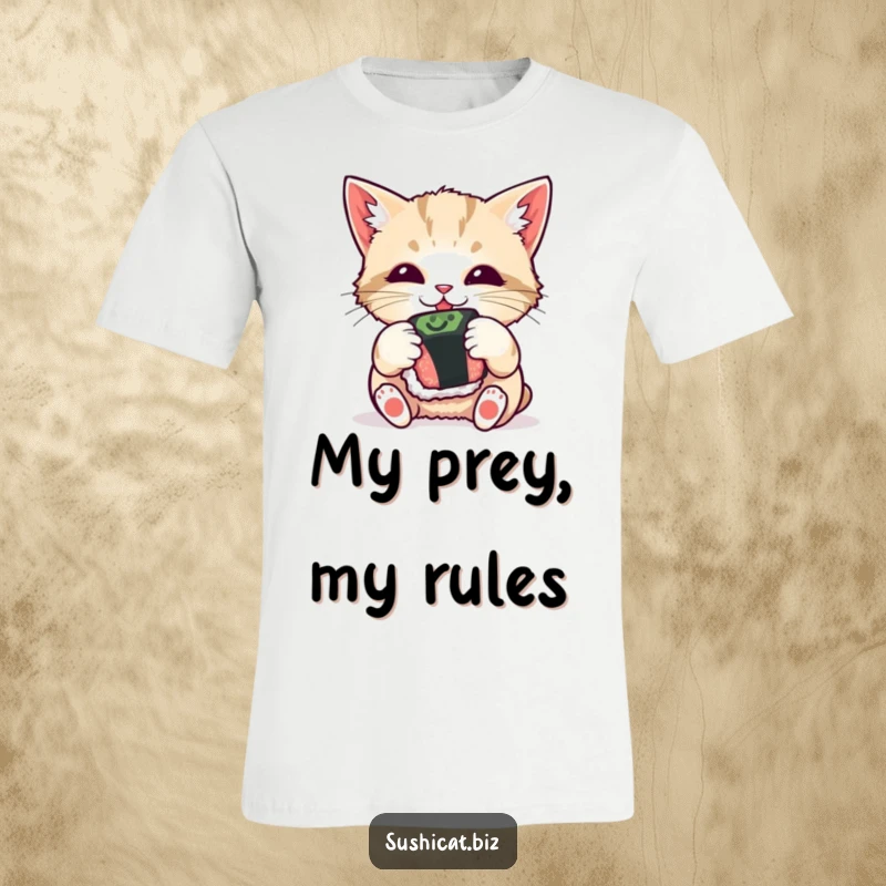 Funny T-shirt, curious cat batting playfully at a sushi roll held in its paws, showcasing a humorous pet moment.