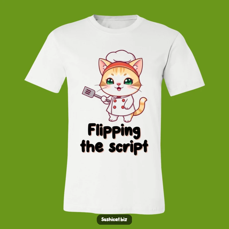 Funny Sushi Cat Chef T-Shirt: Mischievous Feline Flipping Tiny Spatula - Cool Tee