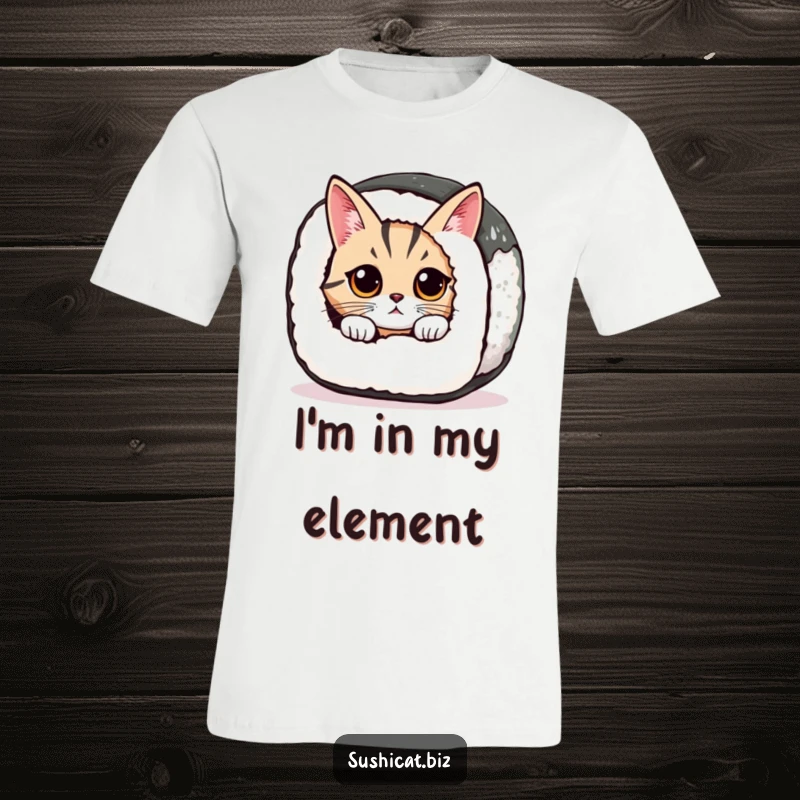 A curious cat with wide eyes peeks out from a giant sushi roll on this funny and expressive t-shirt.