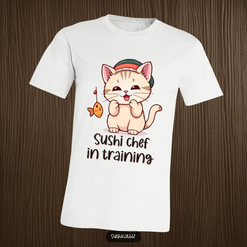 A playful cat sporting a tiny sushi hat is depicted batting at a dangling fish on this funny t-shirt.