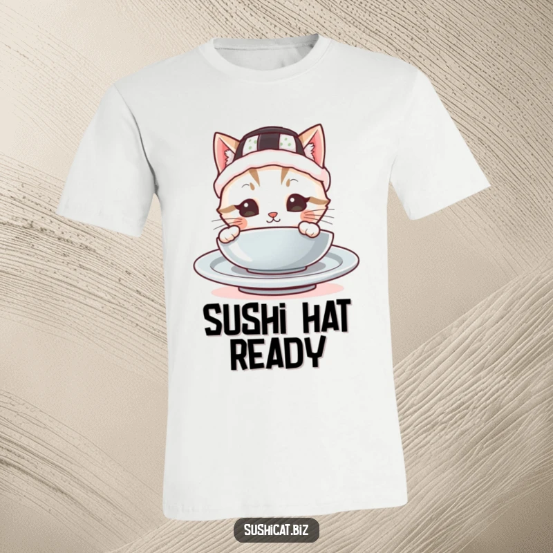 Funny t-shirt depicting a cute cat wearing a tiny sushi hat, peeking out from behind a plate with an endearing and mischievous expression.