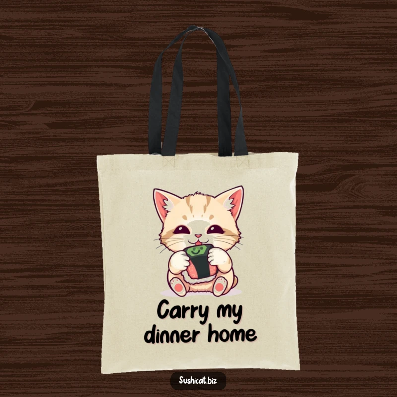 Funny tote bag, curious cat playfully batting a sushi roll, practical and humorous accessory for pet lovers.