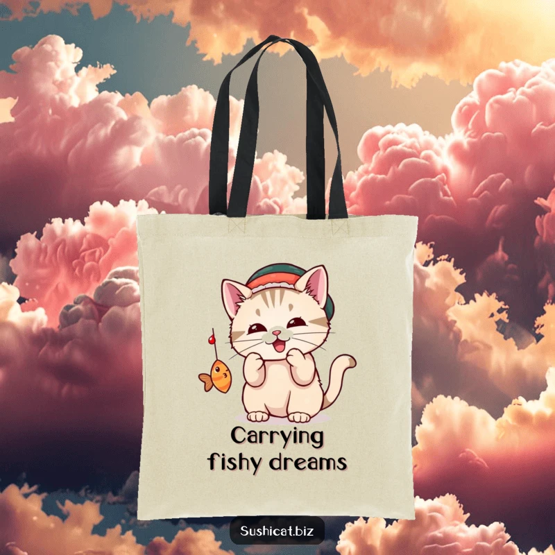 A playful cat in a tiny sushi hat bats at a dangling fish on this durable and humorous tote bag.