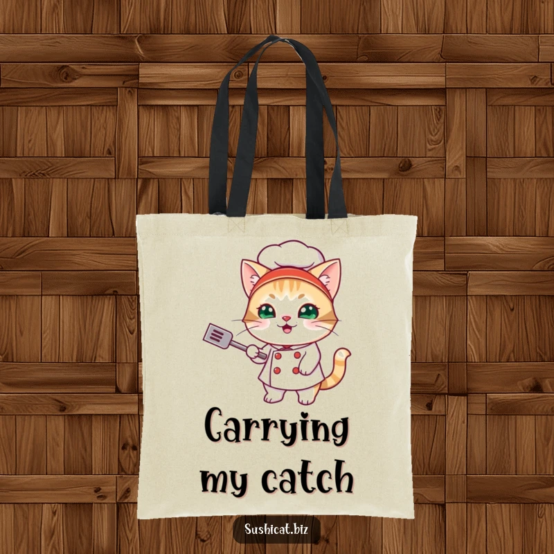 Funny tote bag with a mischievous cat dressed as a sushi chef, cheerfully flipping a miniature spatula, ready for adventure.