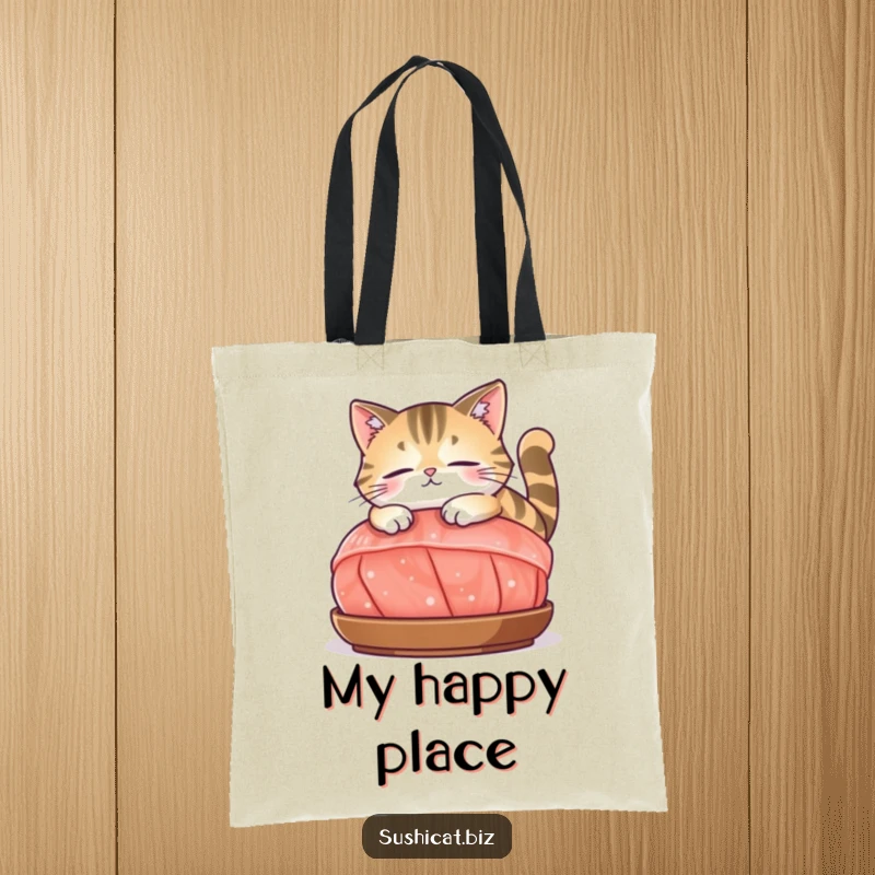 Funny tote bag showcasing a supremely content cat lounging languidly on a generous piece of sashimi, ideal for everyday use.