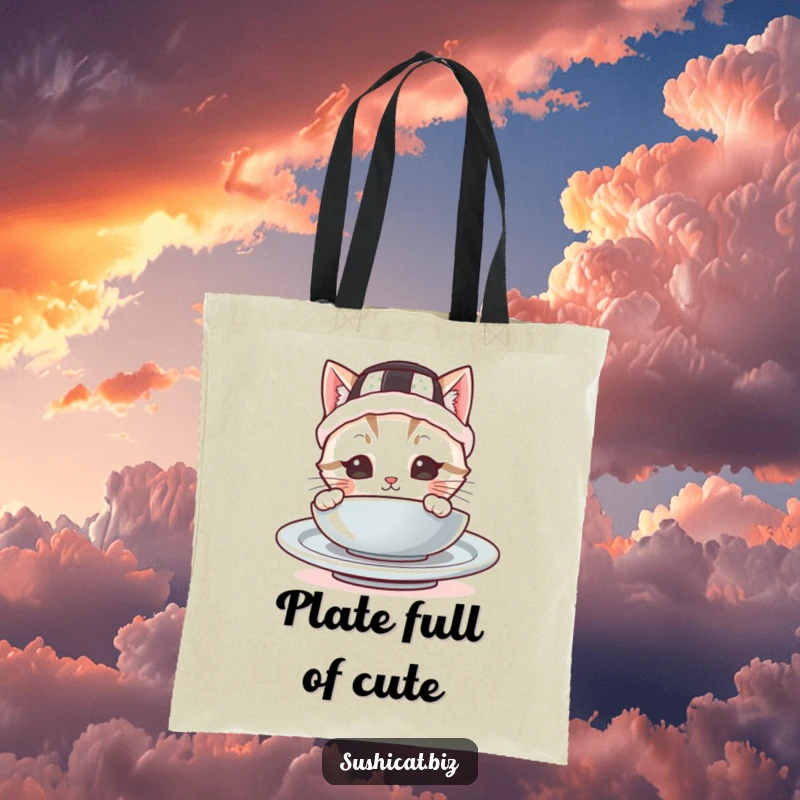 Funny tote bag showcasing a cute cat in a sushi hat peeking from behind a plate, perfect for carrying items with a touch of playful charm.